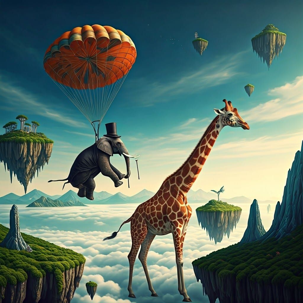 A surreal scene of animals descending in the sky