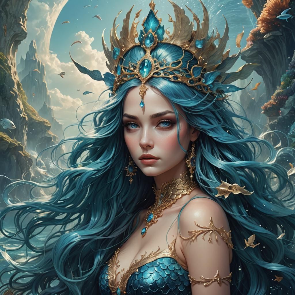 Mermaid Queen with Azure Hair: Fantasy Art Portrait