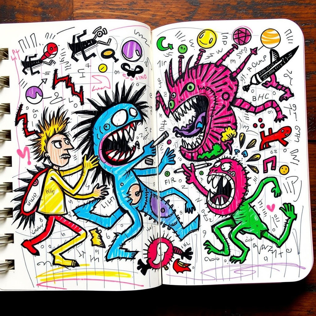 Whimsical Doodle Battle Scene in Basquiat-Haring Style