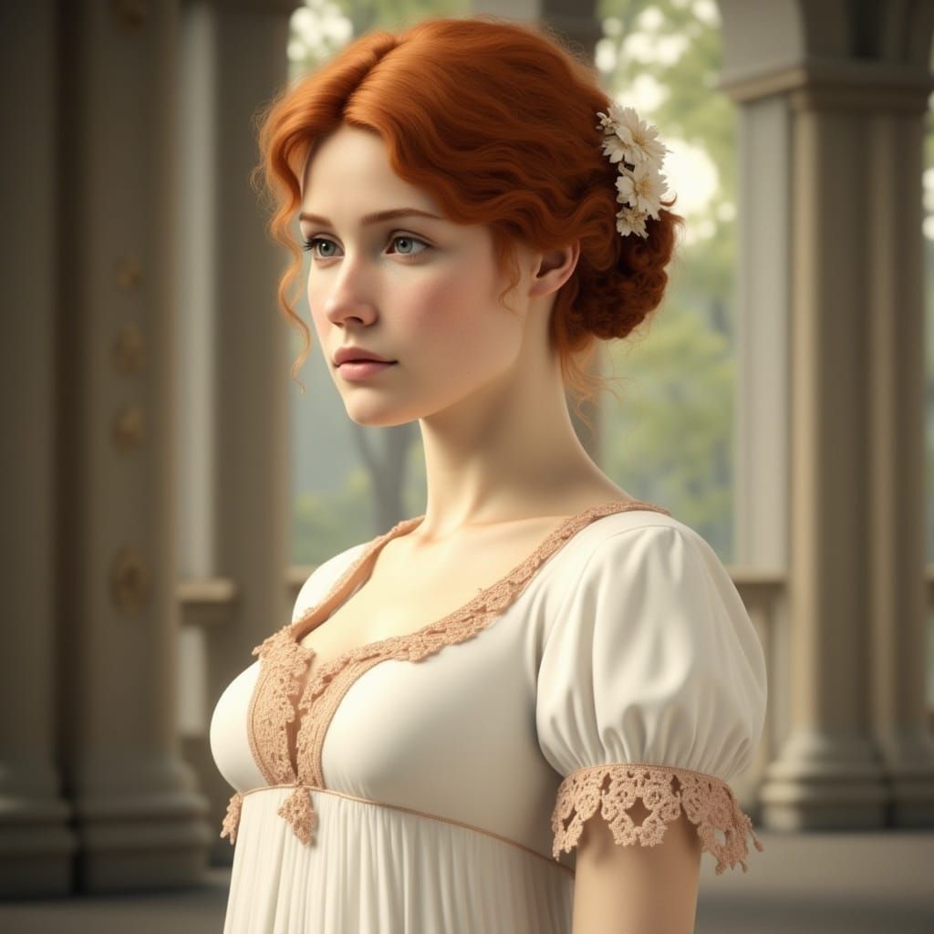 Auburn-Haired Girl in White Regency Gown