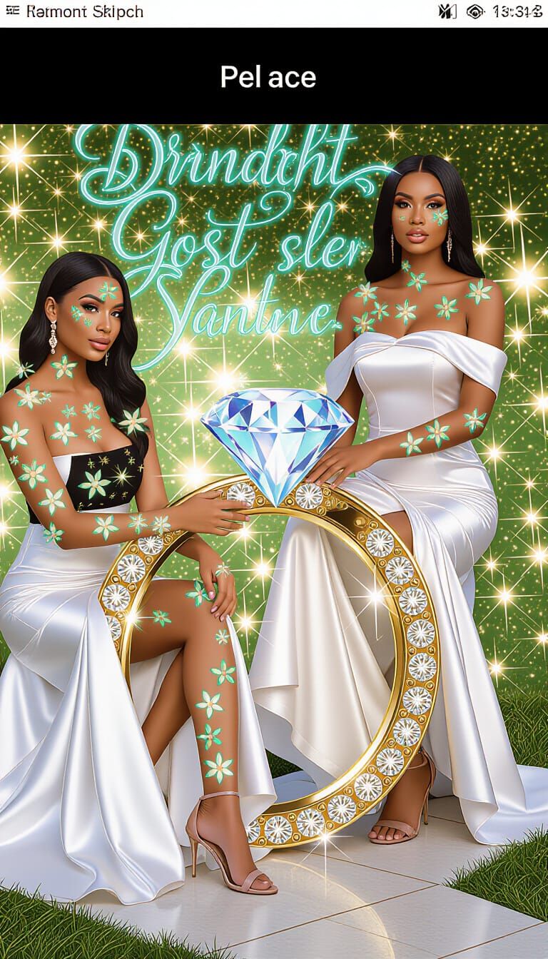 Two Women Adorned With Glowing Turquoise Calligraphy in Diam...