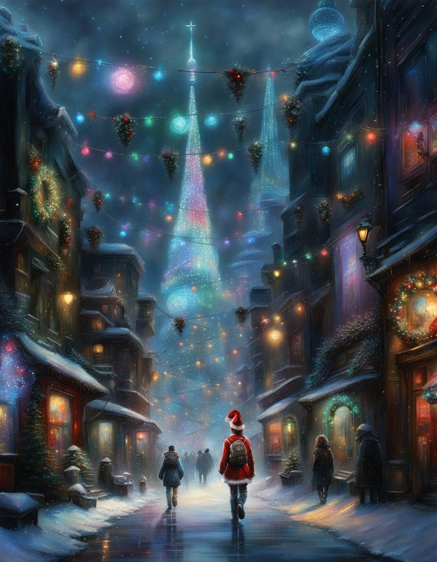 Festive Cyborg Christmas in Dystopian Cityscape