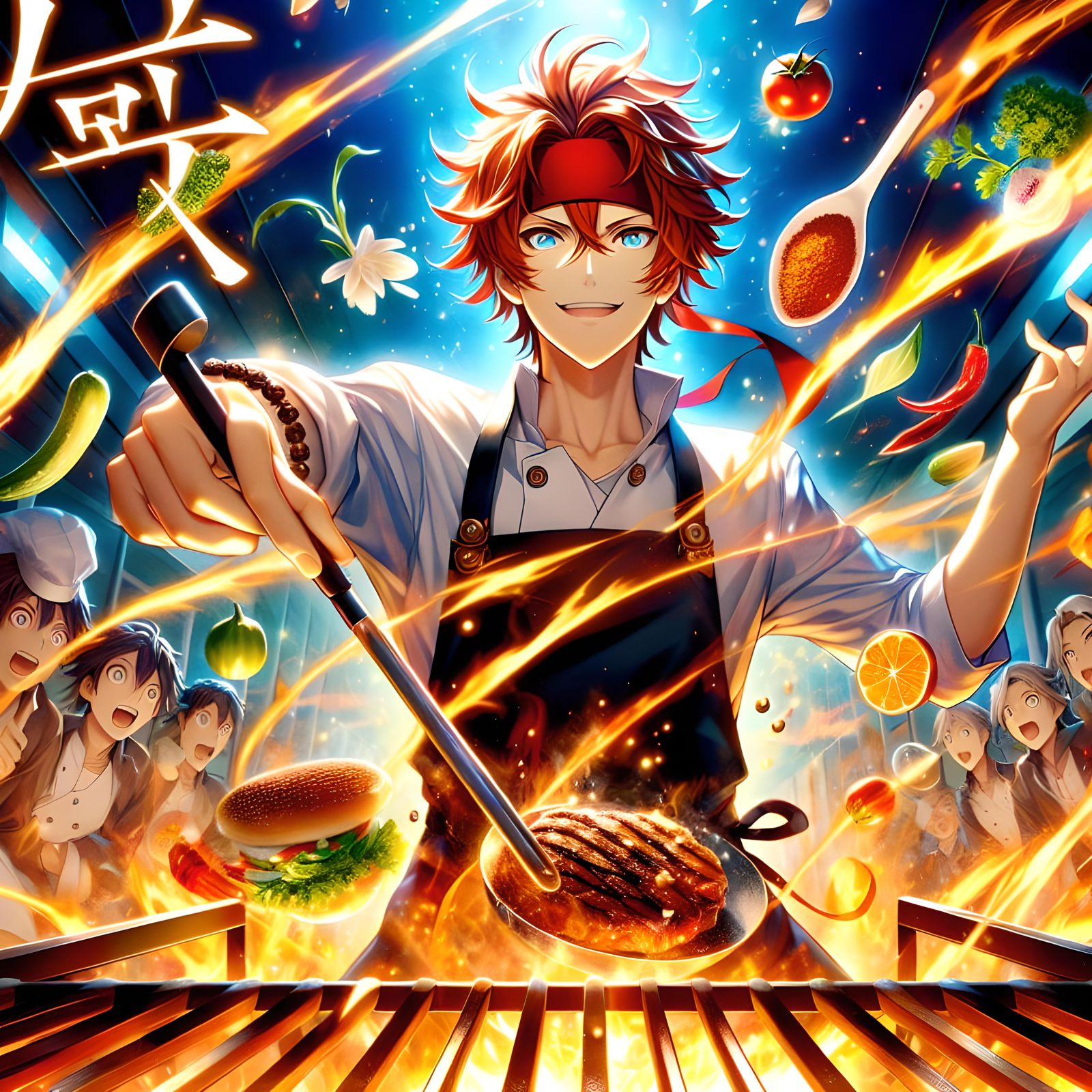 anime-style battle scene featuring Soma Yukihira from *Food Wars!* as he takes center stage in an epic culinary showdown...