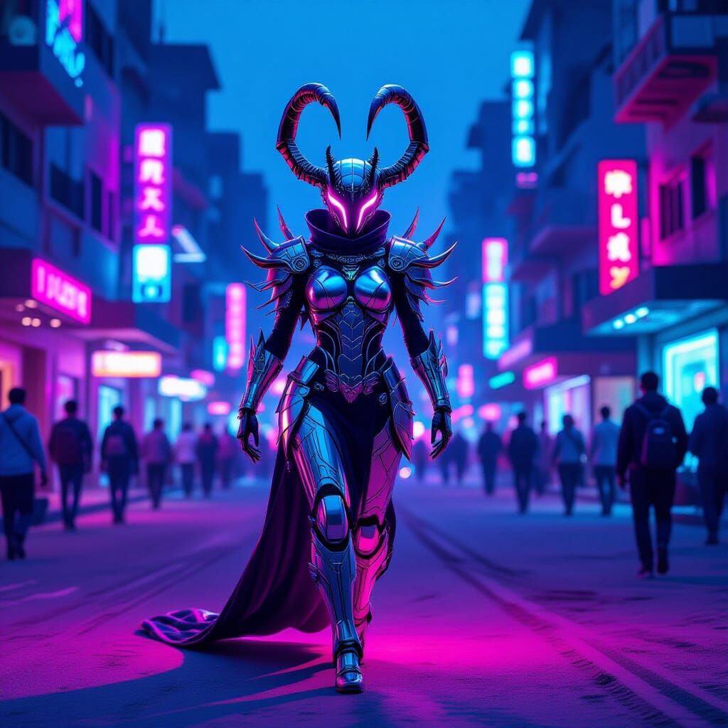 Biomechanical Scorpion Queen in Neon Metropolis