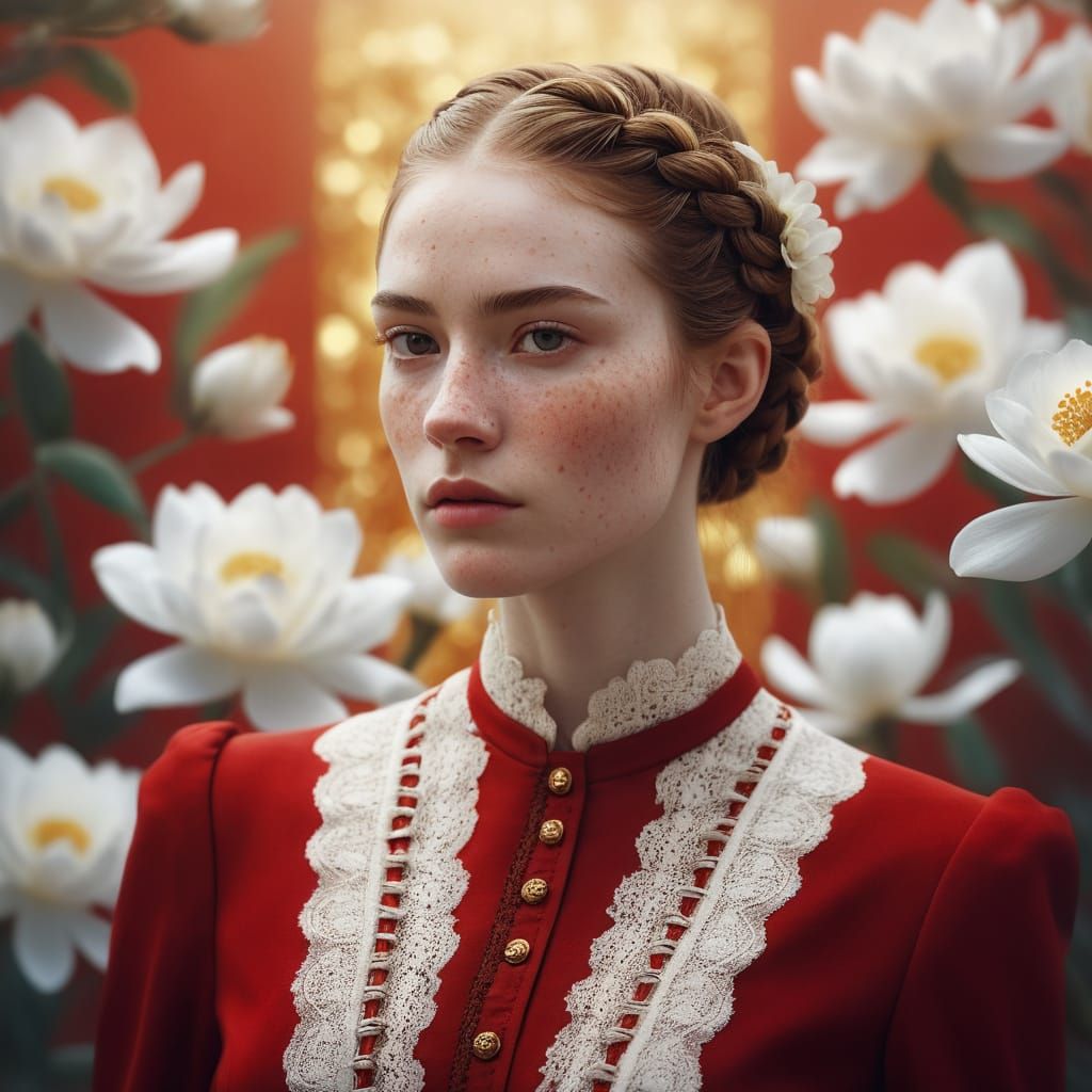 Young Woman in Detailed Red Lace Outfit with Flowers