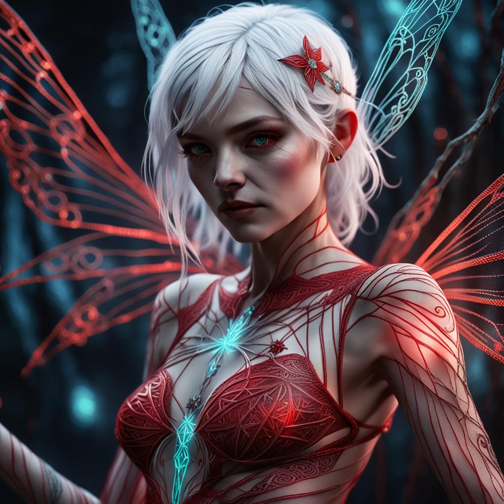 White-Haired Fairy in Red Striped Suit: Fantasy Art