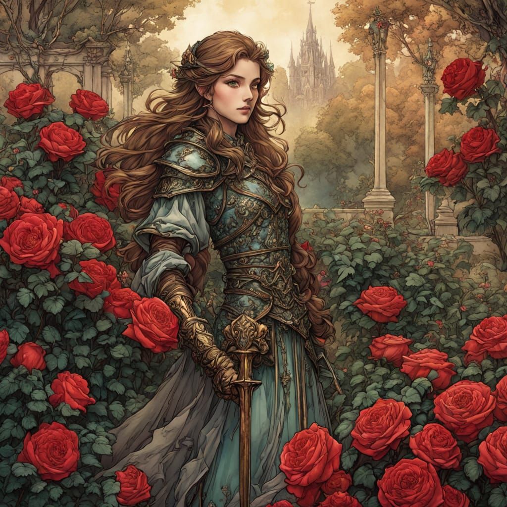 Paladin Standing Proud in a Vibrant Rose Garden