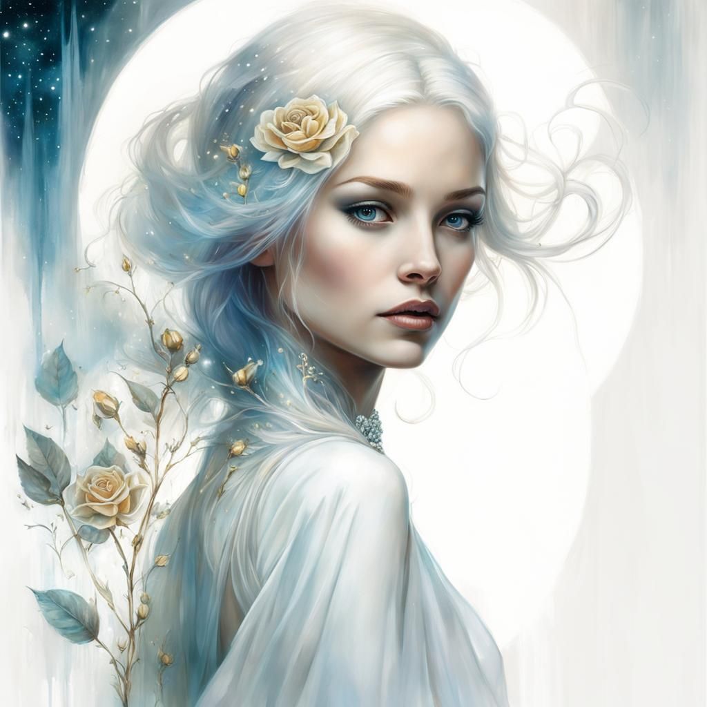 Moonlit Portrait of Girl with Golden Rose