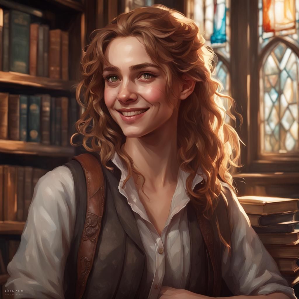 Realistic Teenage Girl Smiling in Library, Detailed Digital ...