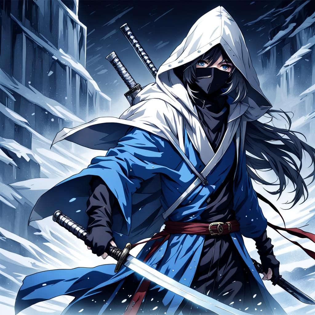Anime Assassin with Katana in Frozen Landscape