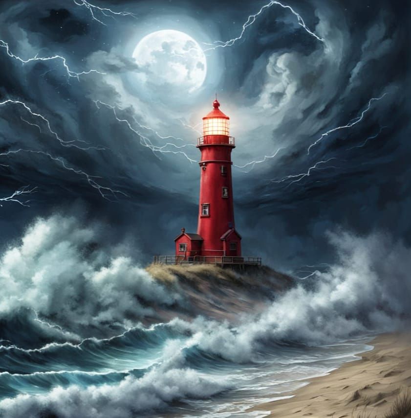 Stormy Night: Lighthouse Guiding a Ship at Sea
