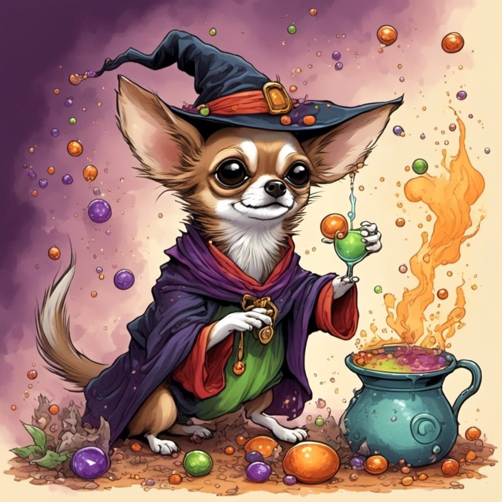 Chihuahua Witch Brews Colorful Potion