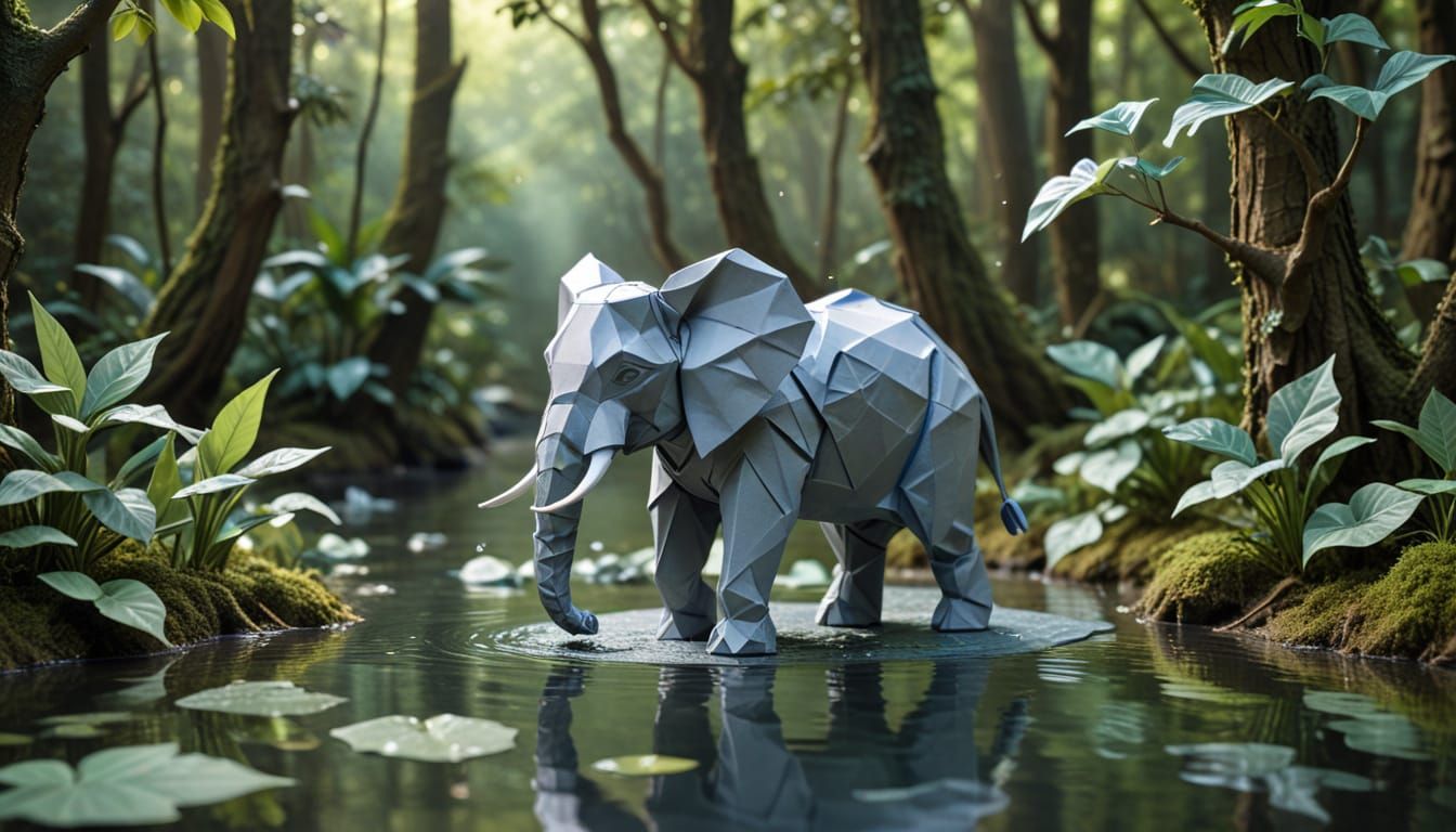 Origami Elephant Drinks in Origami Forest