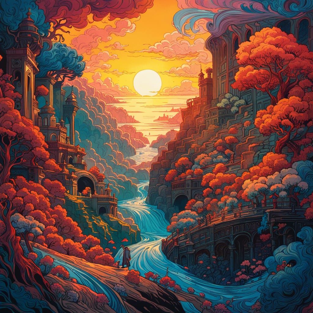 Sunrise Over Fantasy World in Gouache Illustration
