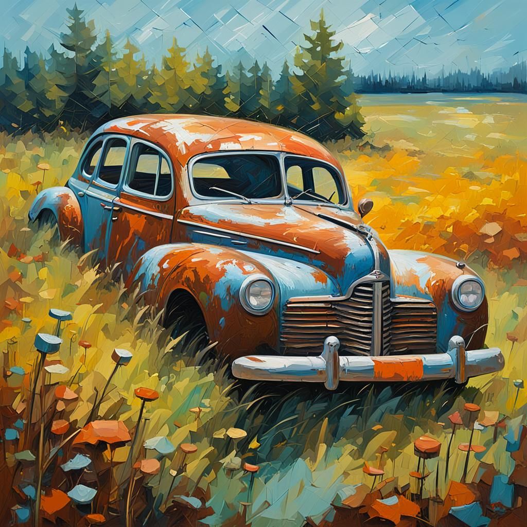 Rusted 1940s Car in Meadow Oil Painting