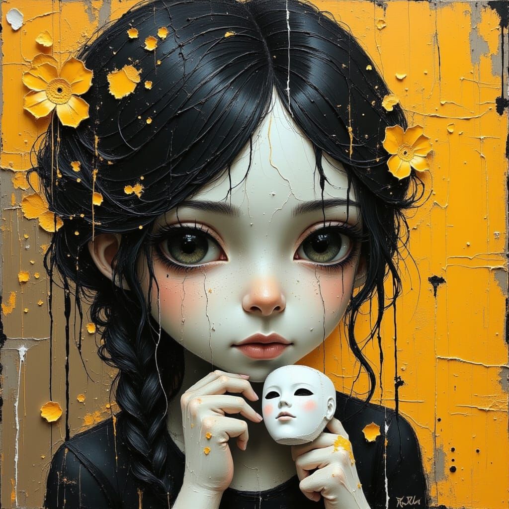 Sad Girl Holding Mask of Happiness