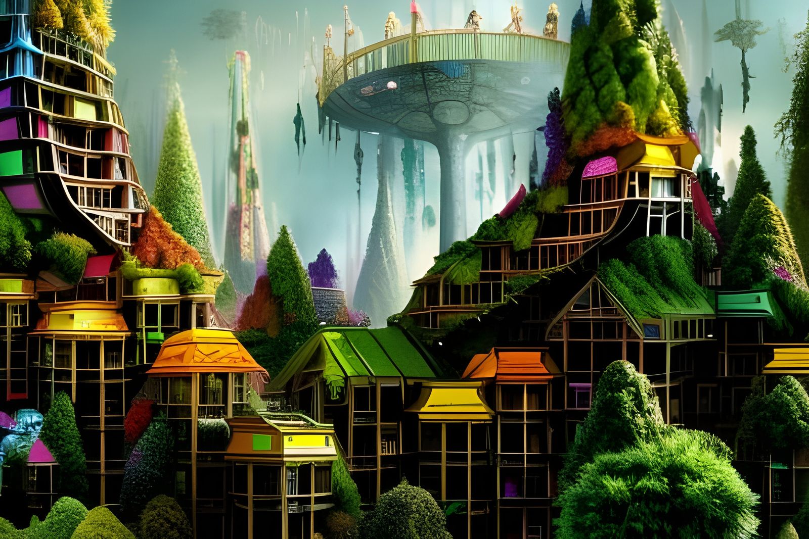 Elfpunk Cityscape in a Fantasy Forest, Digital Illustration