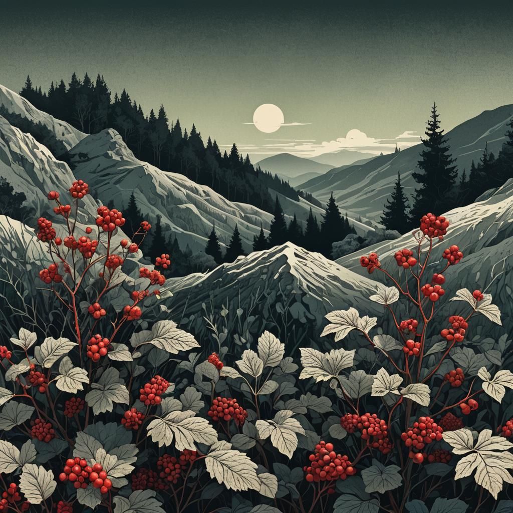 Berry Bush on Mountaintop in Retro Collage Style
