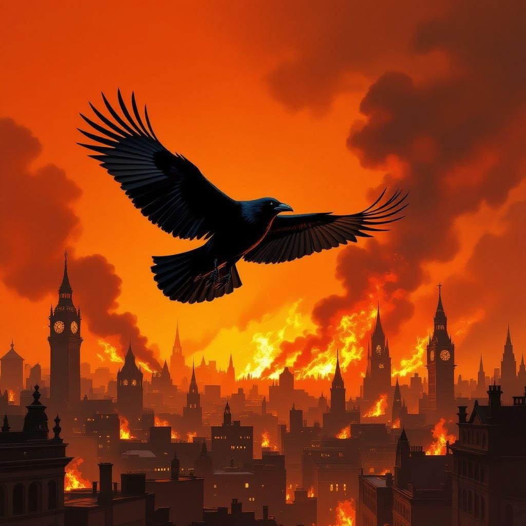 Black Raven Over Burning City Cinematic Art