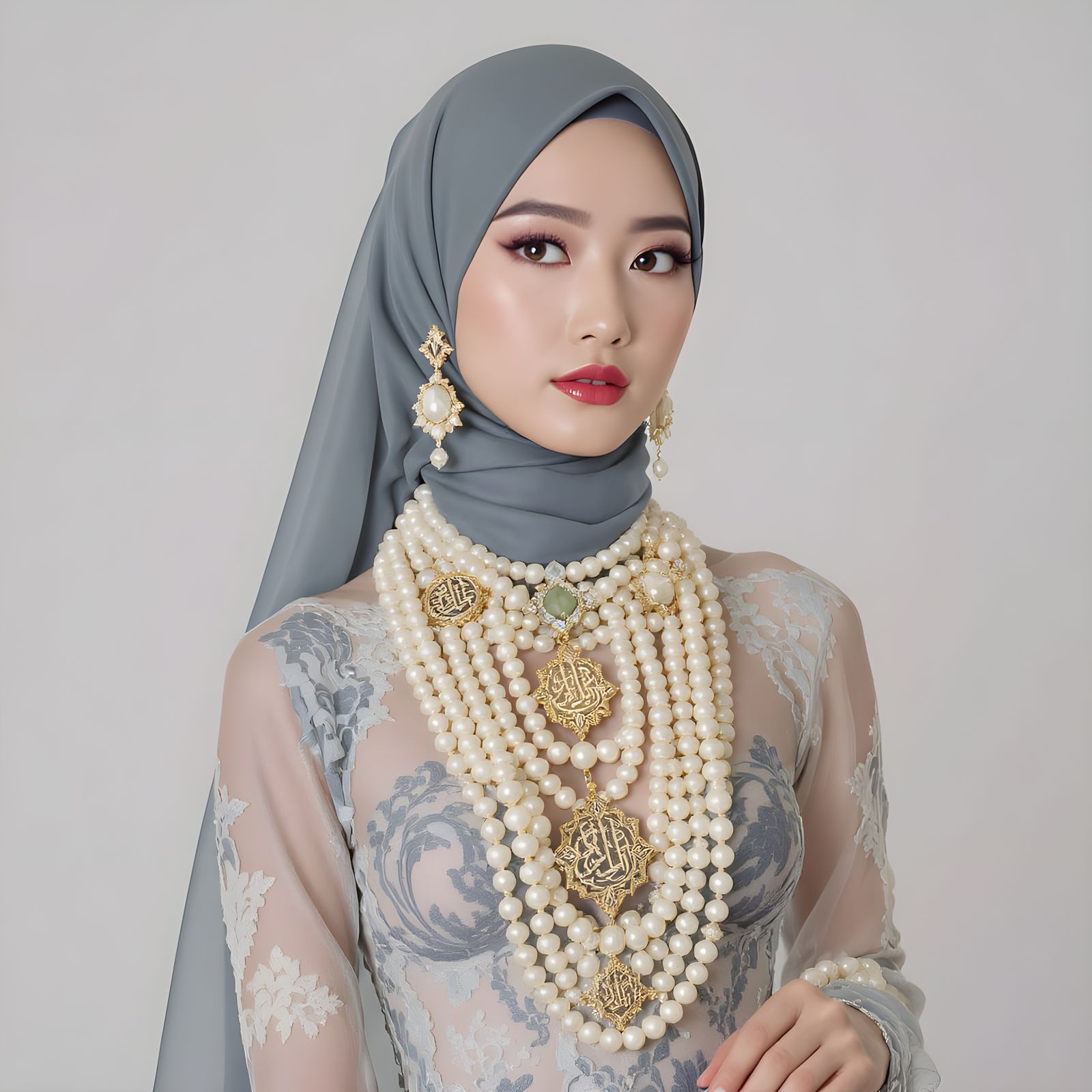 Elegant Hijab with Pearl Body Chain in Art Nouveau Style