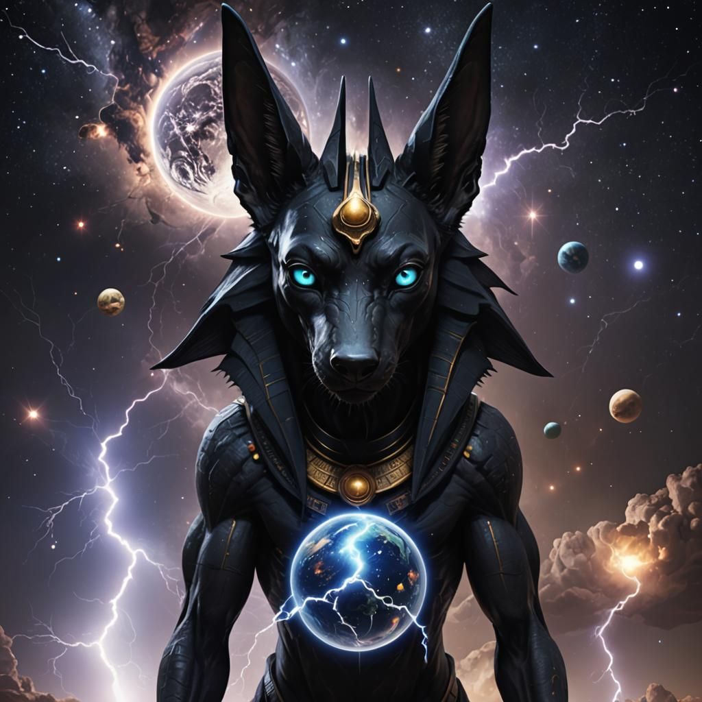 Cosmic Anubis Creature with Planets and Lightning