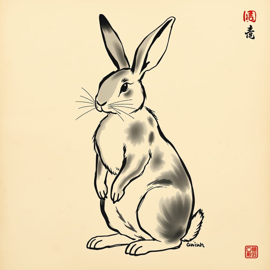 Ancient Chinese Rabbit in Black Ink Calligraphy