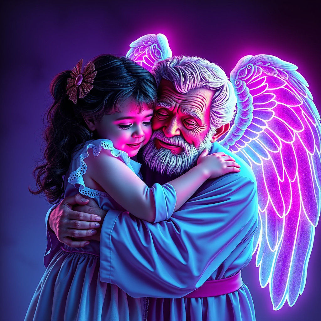 Little Girl's Synthwave Embrace with Angel Grandpa