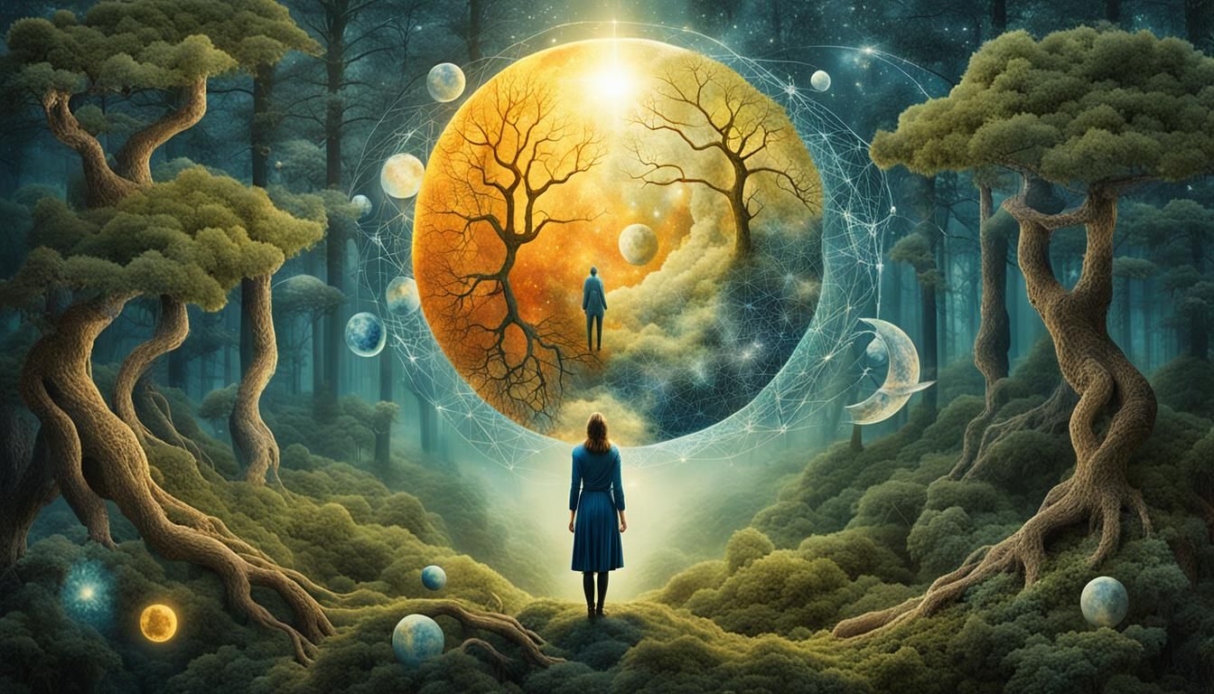 Transhumanist Goddess Embracing Cosmic Harmony in Forest Oas...