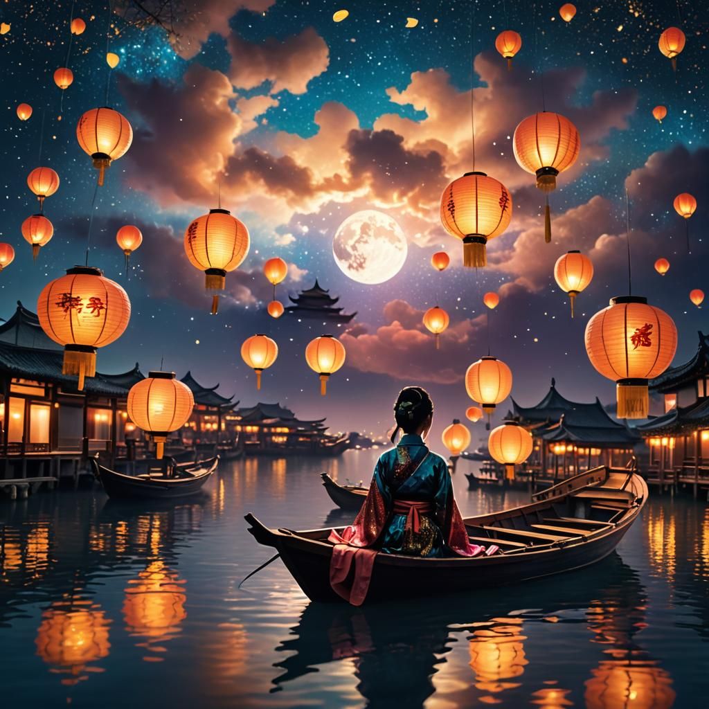 Lonely Geisha at Lantern Festival in Anime Style