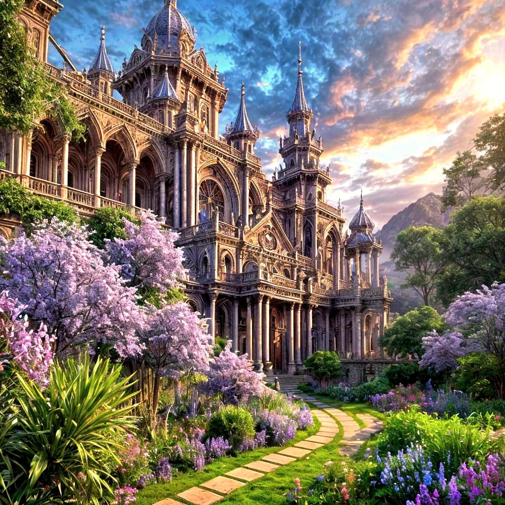 Fantasy Sunset Over Blue Mountains in Hyperdetailed Style