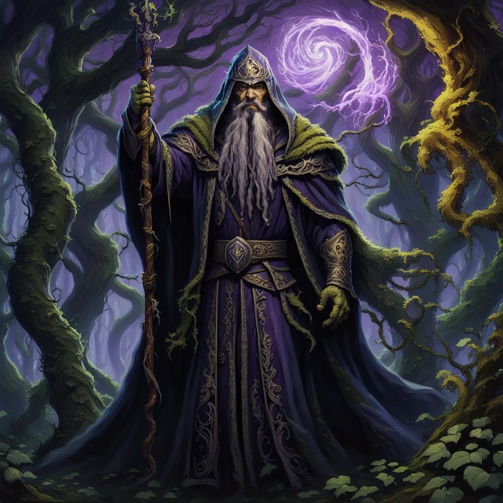 Earth Wizard in Mossy Forest, Dark Fantasy Art