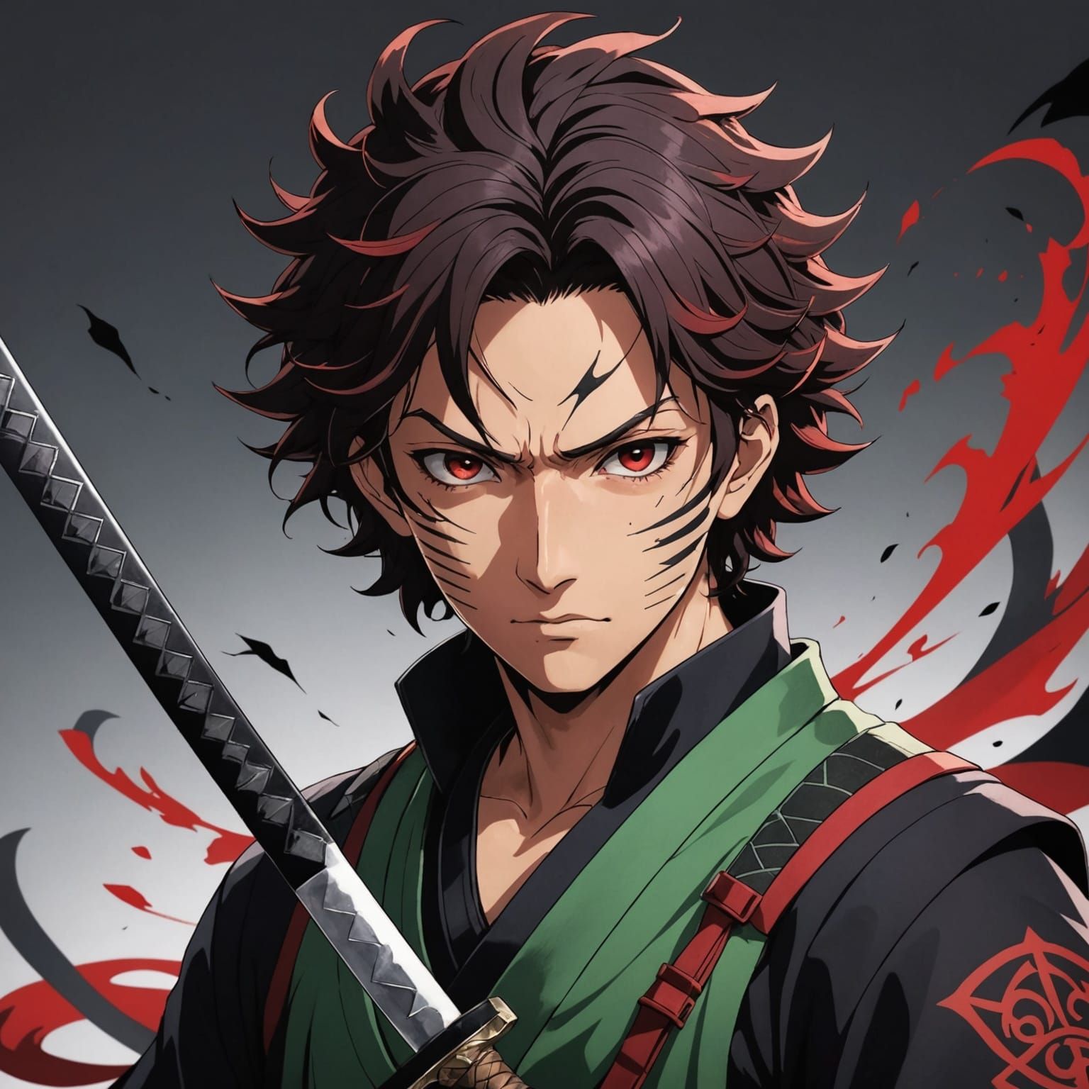 Anime Portrait of Tanjiro Kamado with Determined Dark Red Ey...