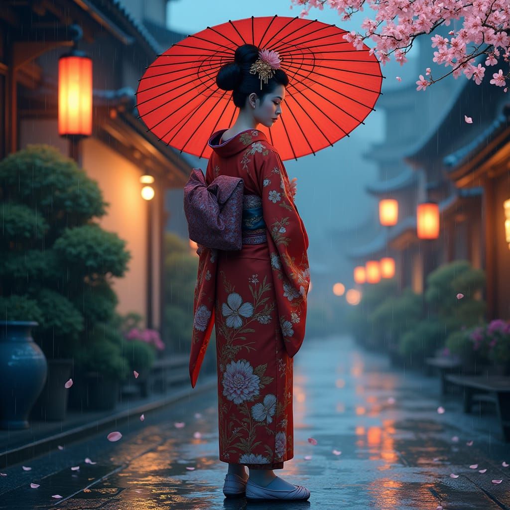 Serene Geisha Under Cherry Blossoms in Nighttime Rain