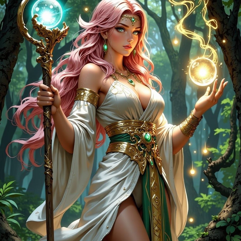 Magical Woman Conjures Healing Spell in Mystical Forest