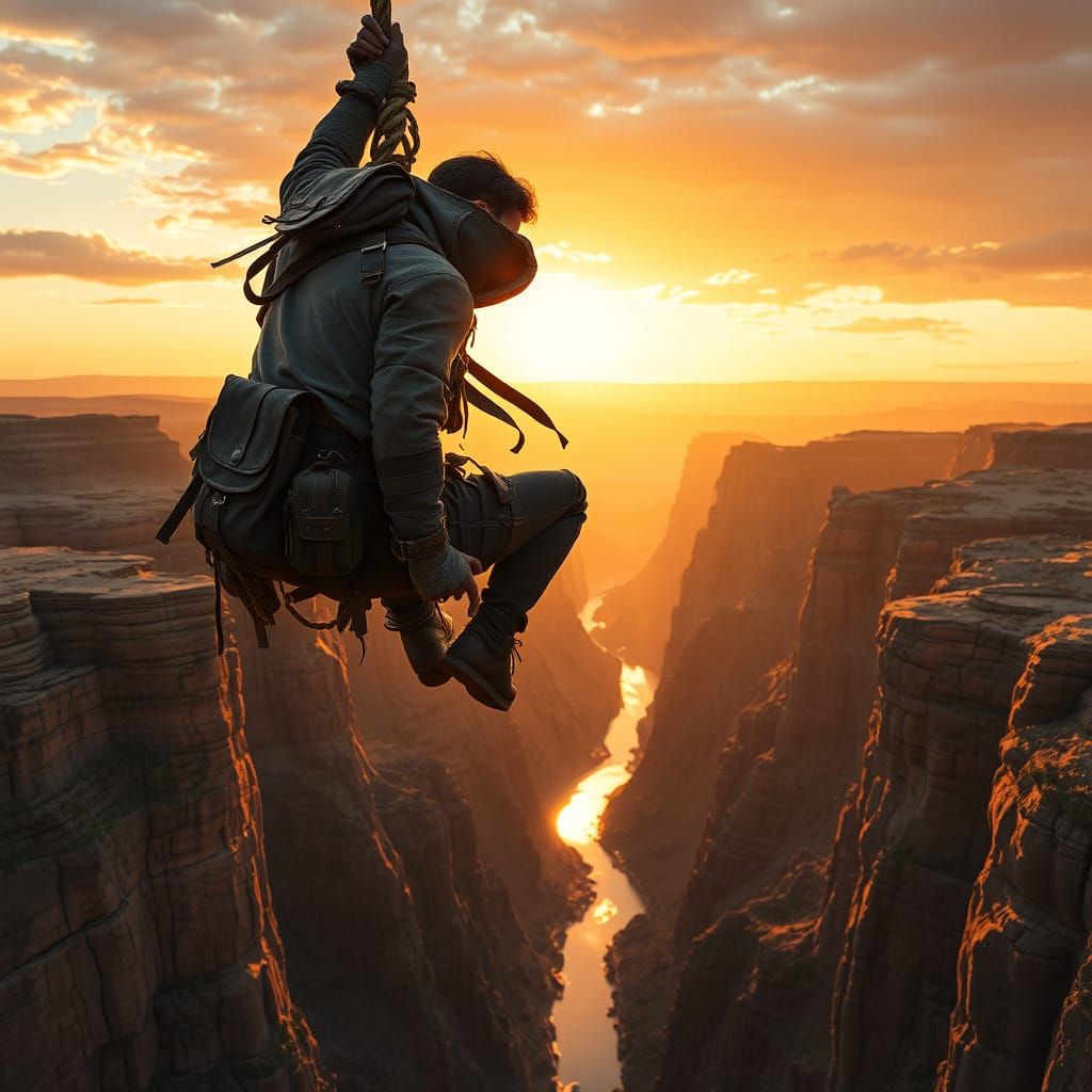 Adventurer Crossing Canyon at Sunset in Painterly Style