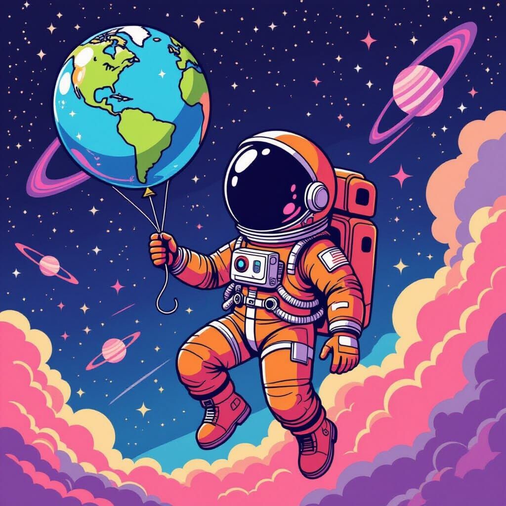 Cartoon Astronaut with Earth Balloon in Retro Comic Style