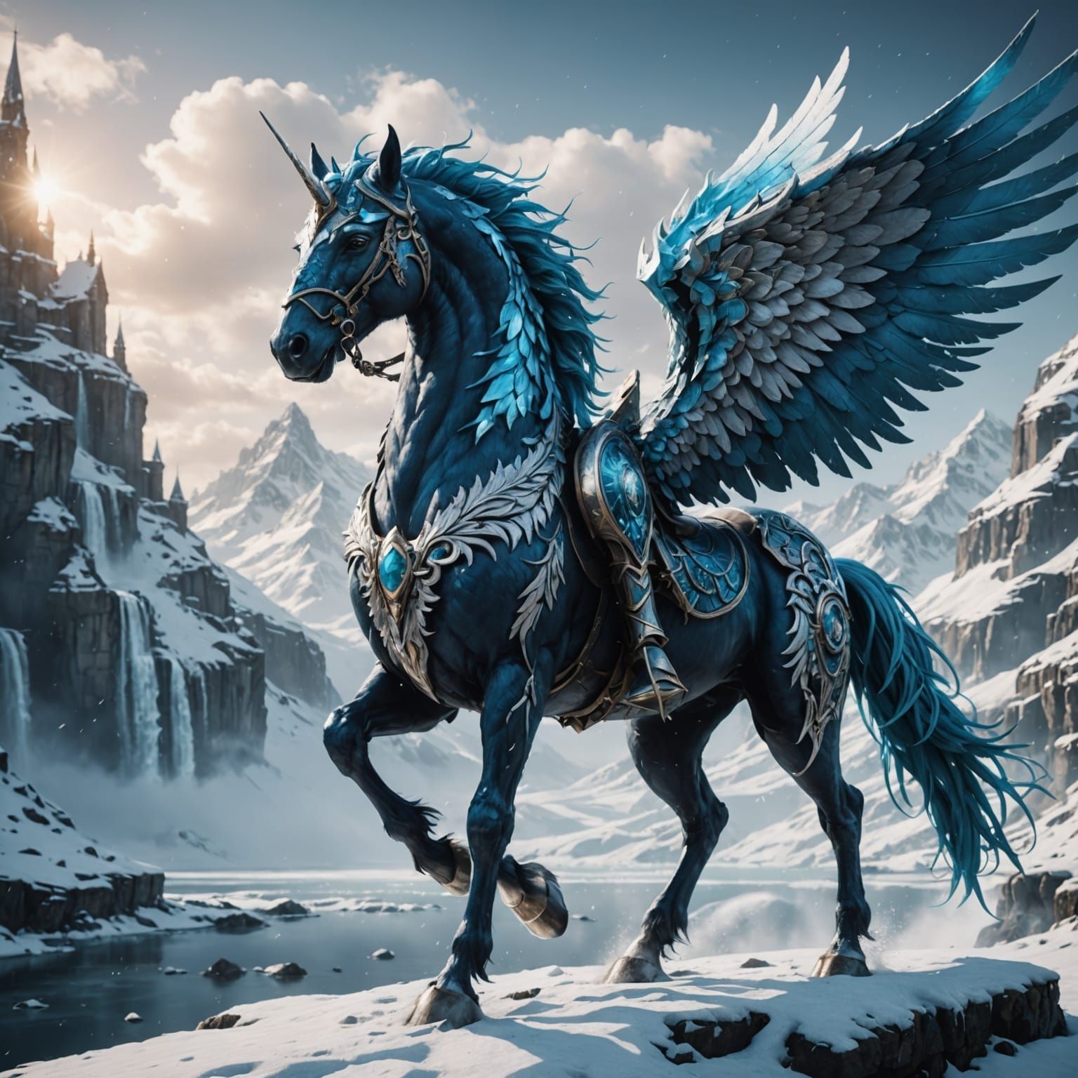 Majestic White Ice Pegasus in Vibrant Fantasy World