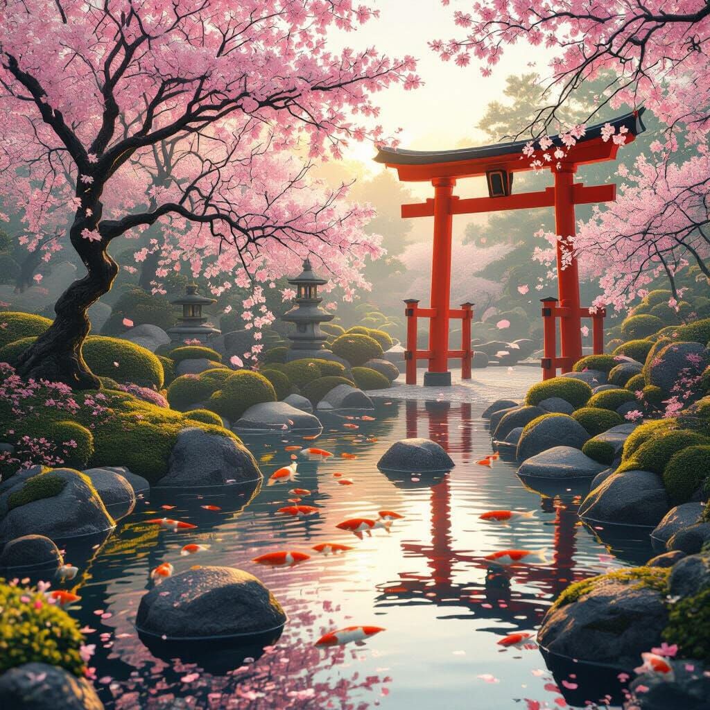 Japanese Zen Garden with Cherry Blossoms at Dawn