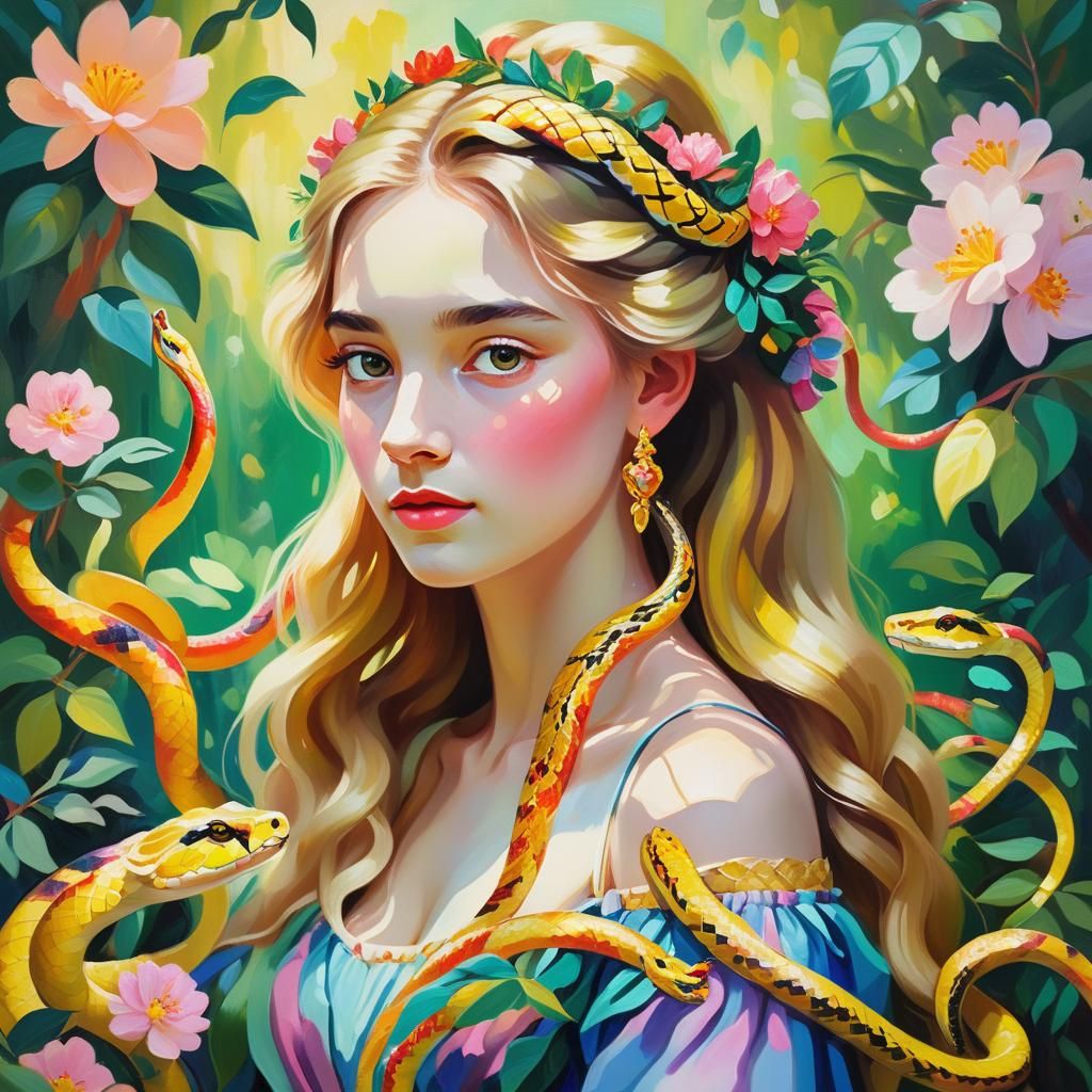 Fauvist Princess with Flowers and Golden Snakes
