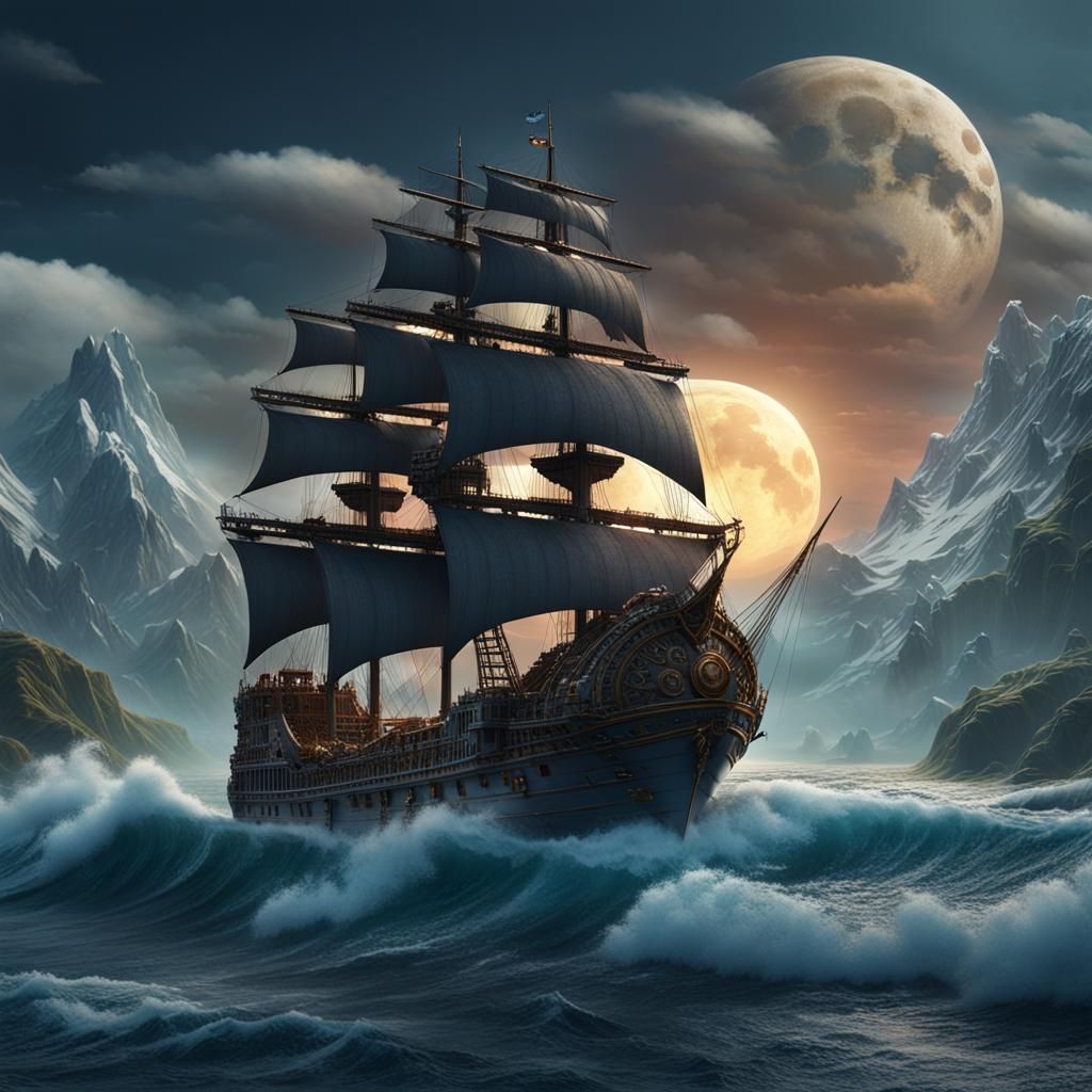 Large Ship Sailing on Wavy Sea, Matte Painting