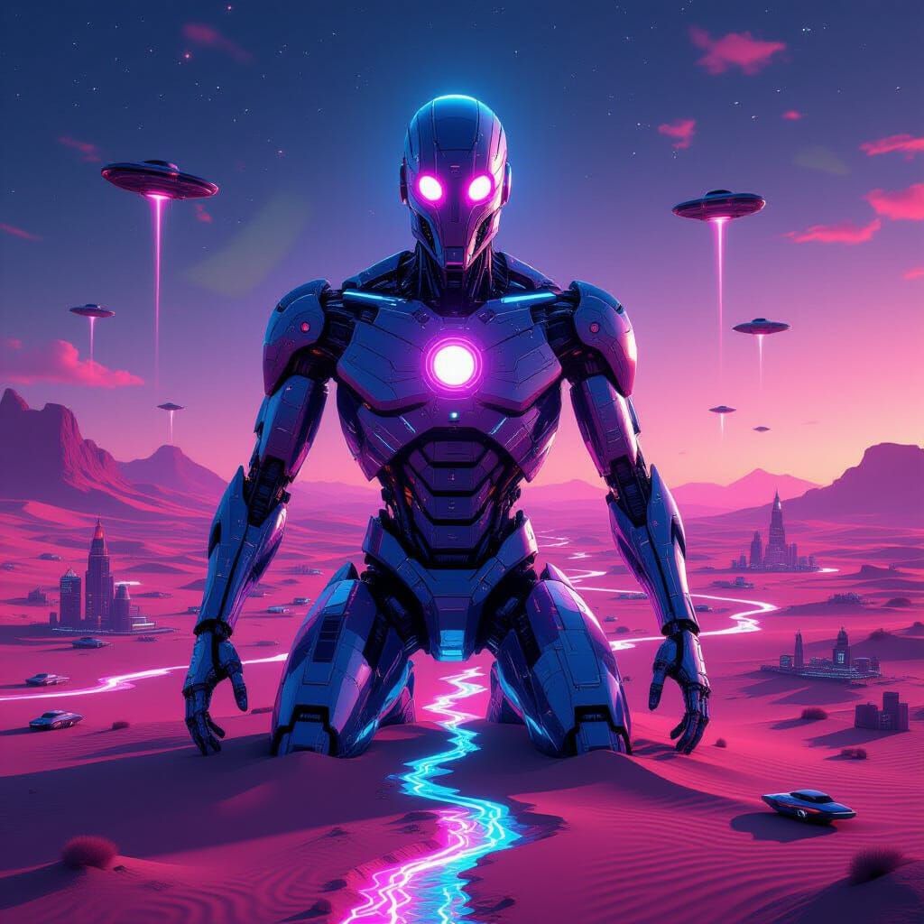 Colossal Neon Figure in Futuristic Desert