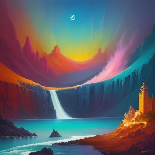 Princess Sailing in Moonlit Ocean, Surreal Oil Painting