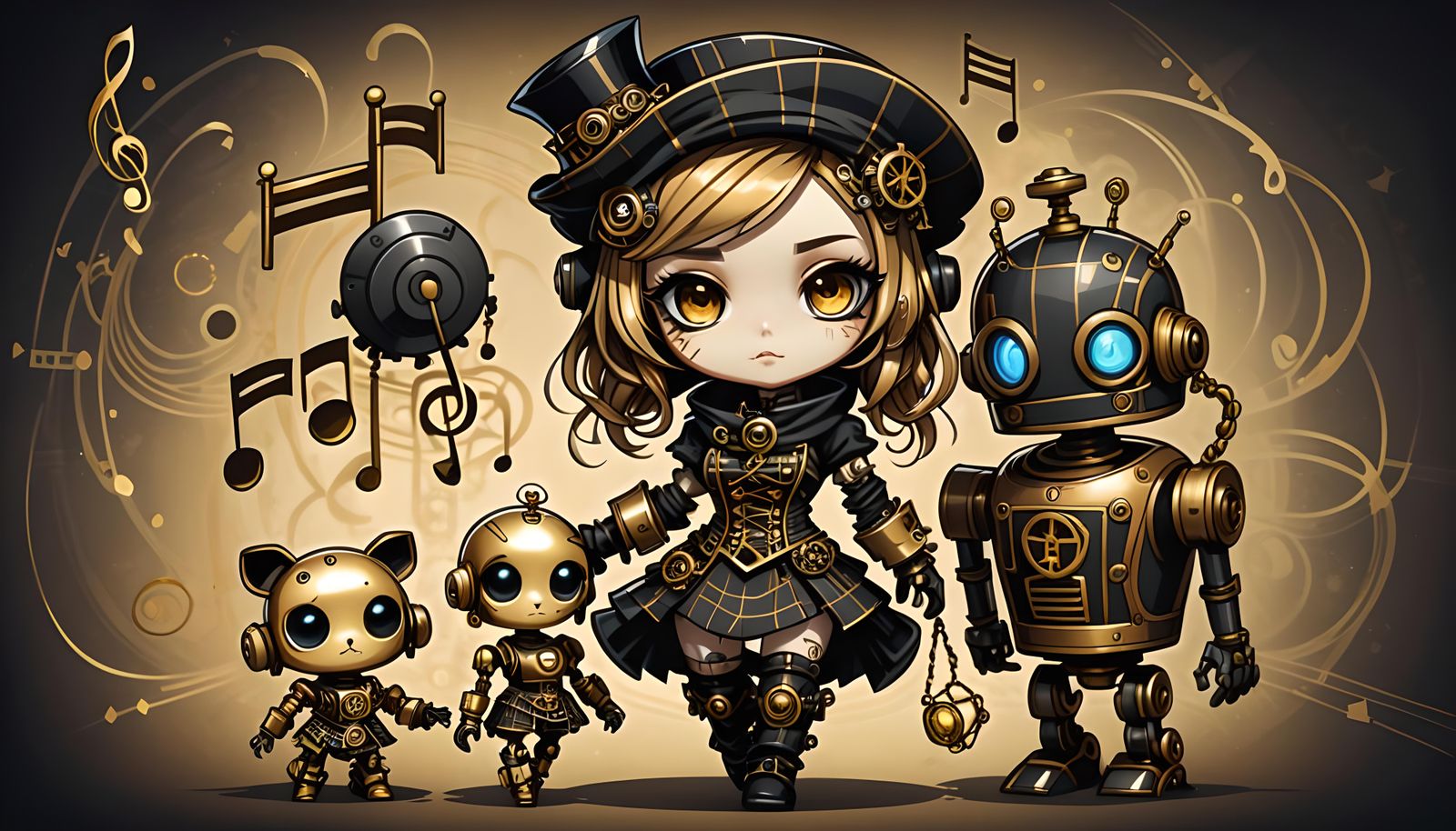 Steampunk Chibi with Robot Pet in Impasto Style