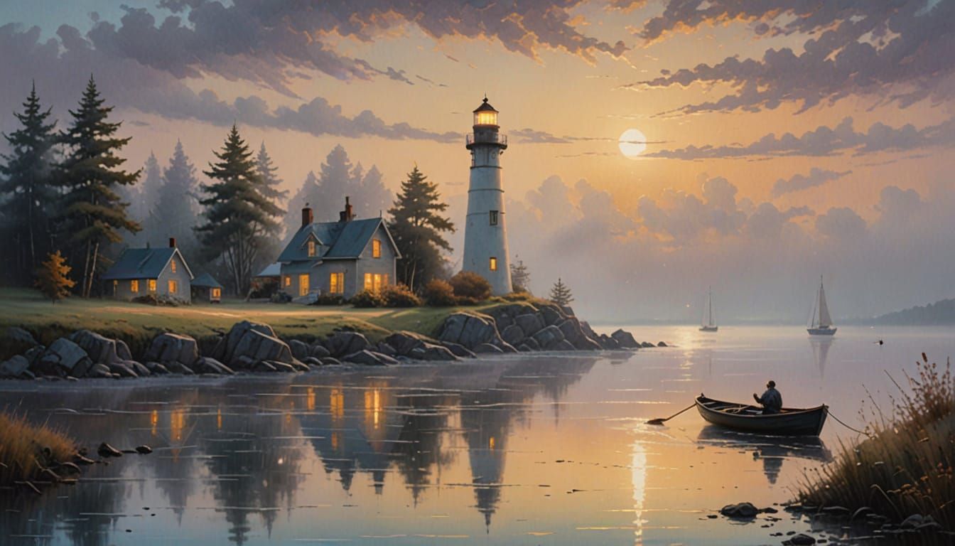 Ethereal Lighthouse in Misty Fog, Oil Painting