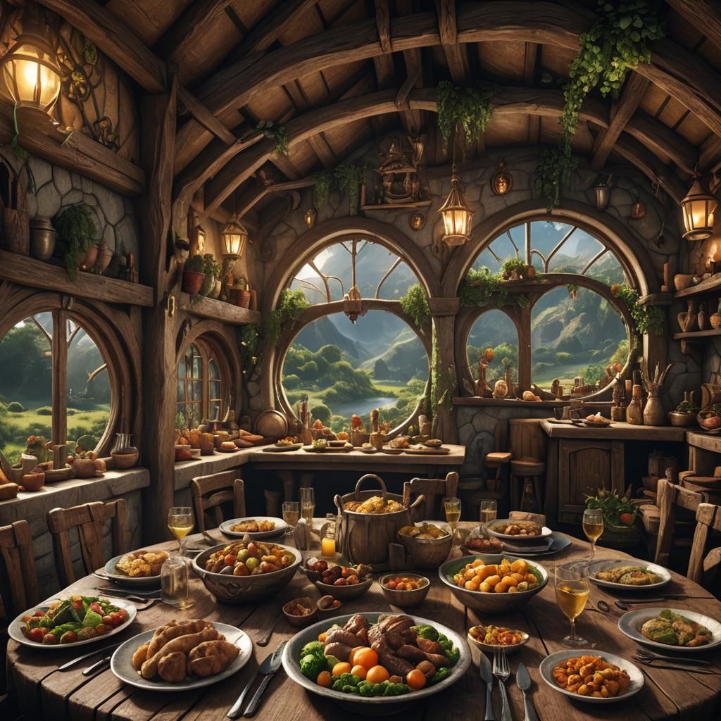 Hobbit Dinner in Hobbit House: Detailed Matte Painting