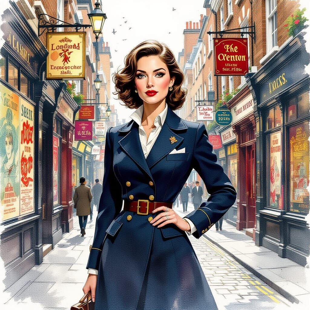 Vintage Woman in London Street, Watercolor Style