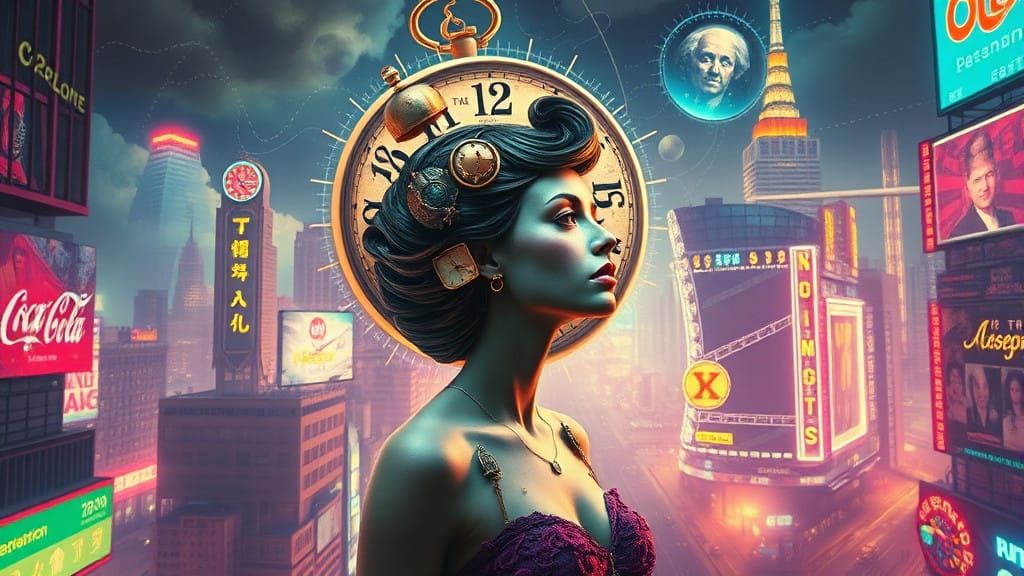 Surrealist Dreamscape with Melting Clocks and Neon Cityscape