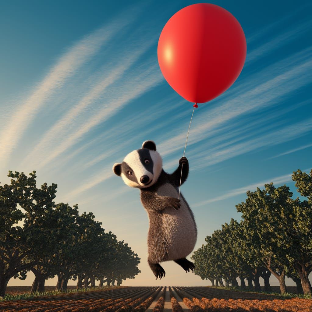 Badger's Balloon Flight: A 3D Rendered Scene