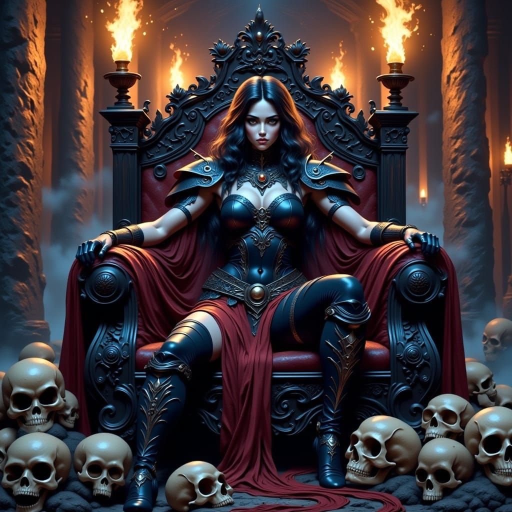 Drow Warrior Queen on Skull Throne in Dark Fantasy Style