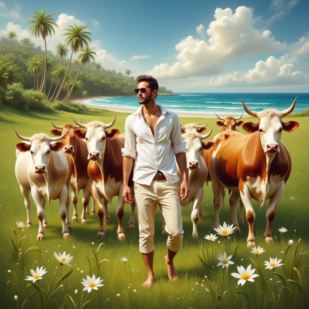 Ethereal Gentleman Surrounded by Cows in Tropical Paradise